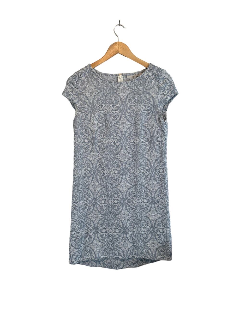 Halogen Cap Sleeve Medallion Blue White Textured Cotton Sheath Dress Size Small
